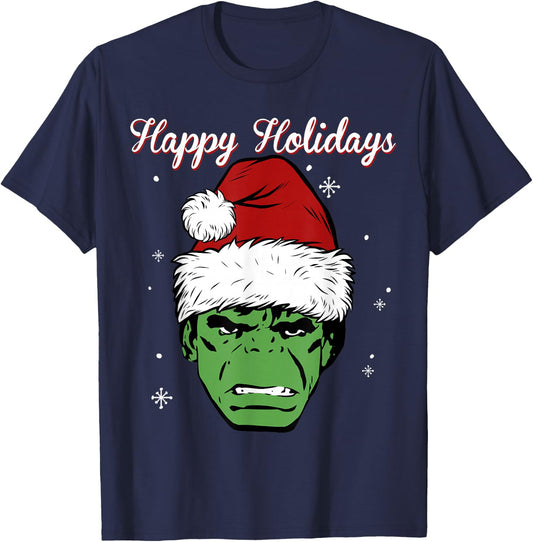 Marvel Hulk Santa Hat Happy Holidays Portrait Christmas T-Shirt - T-Shirt | Navy