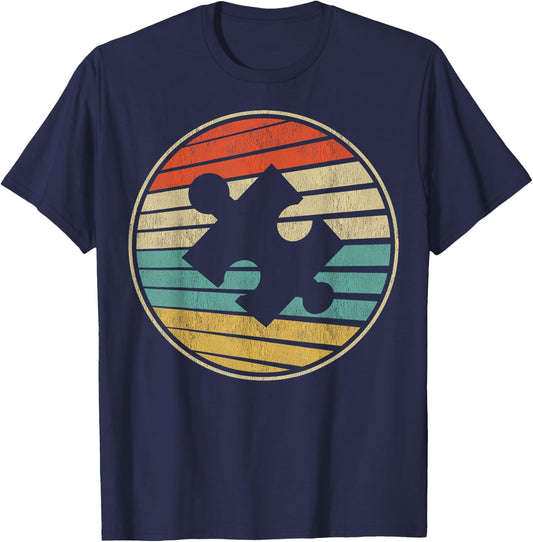 Cute Autism Awareness Vintage 70s 80s Autism Mom Dad Puzzle T-Shirt - T-Shirt | Navy