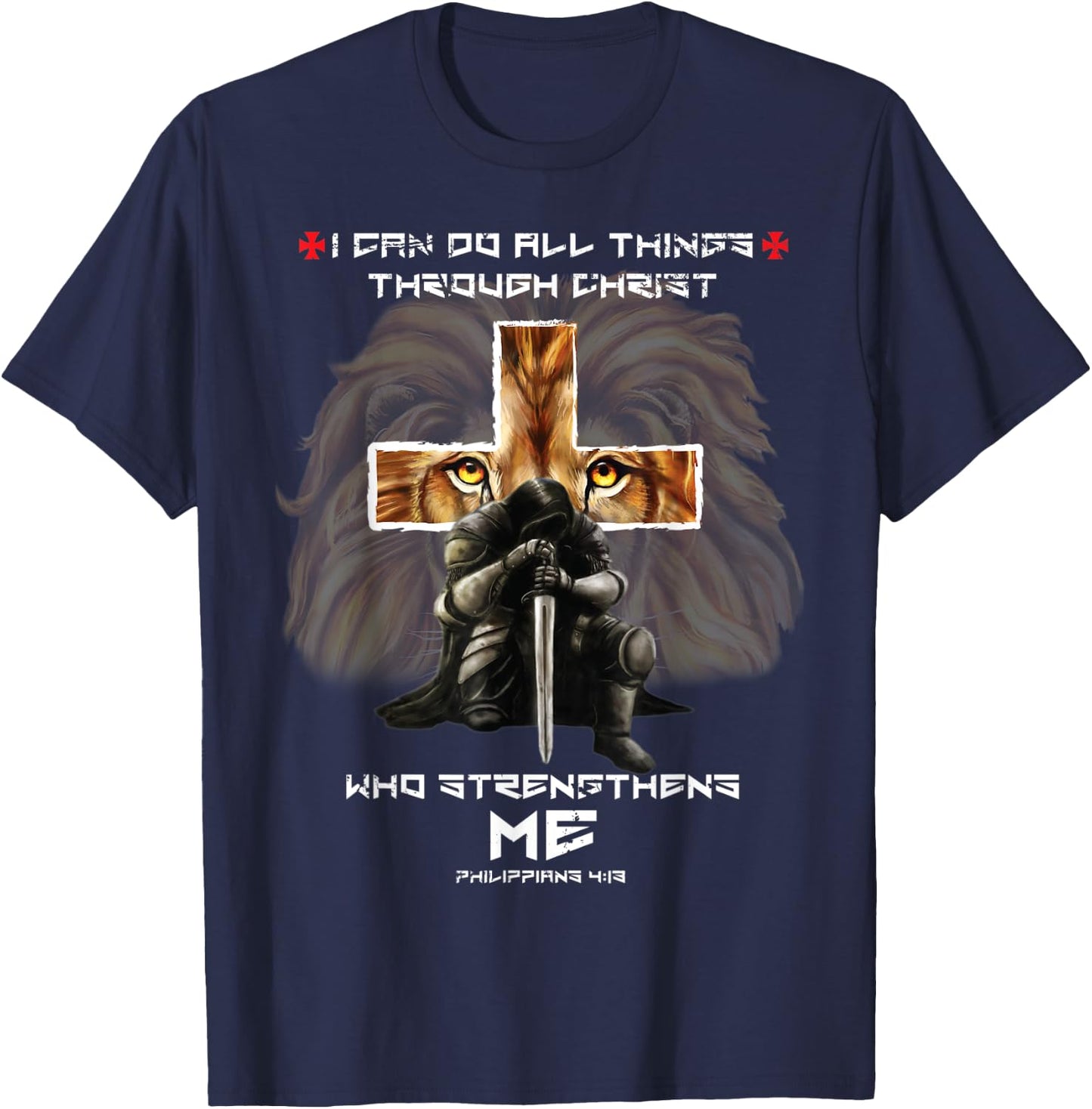 Philippians 4:13 Christian Bible Verse Cross Lion Easter Top T-Shirt - T-Shirt | Navy