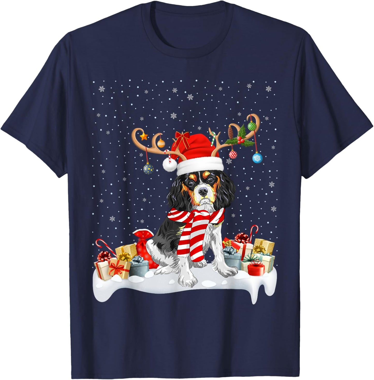 Reindeer Santa Hat Cavalier King Charles Spaniel Christmas T-Shirt - T-Shirt | Navy