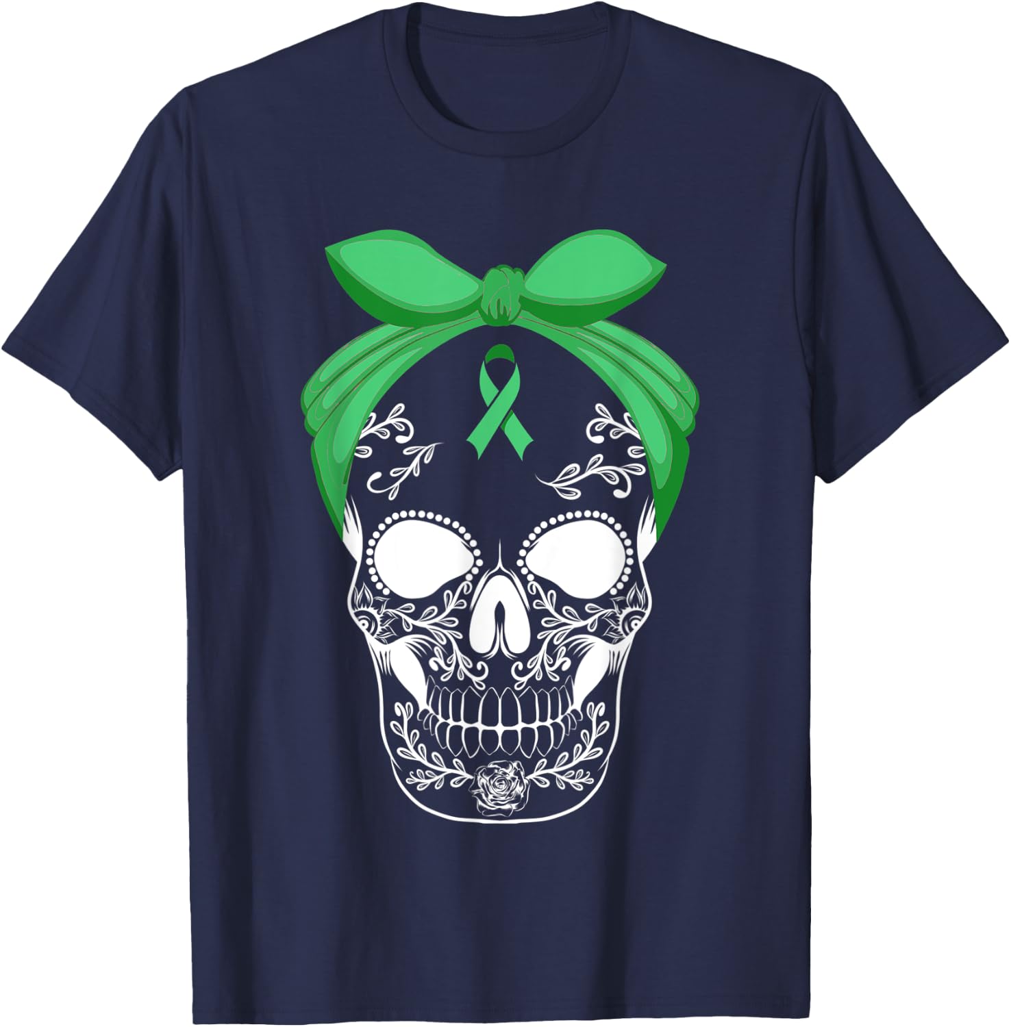 Sugar Skull Green Ribbon Apparel Skeleton Liver Cancer Fight T-Shirt - T-Shirt | Navy