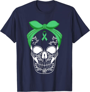 Sugar Skull Green Ribbon Apparel Skeleton Liver Cancer Fight T-Shirt - T-Shirt | Navy