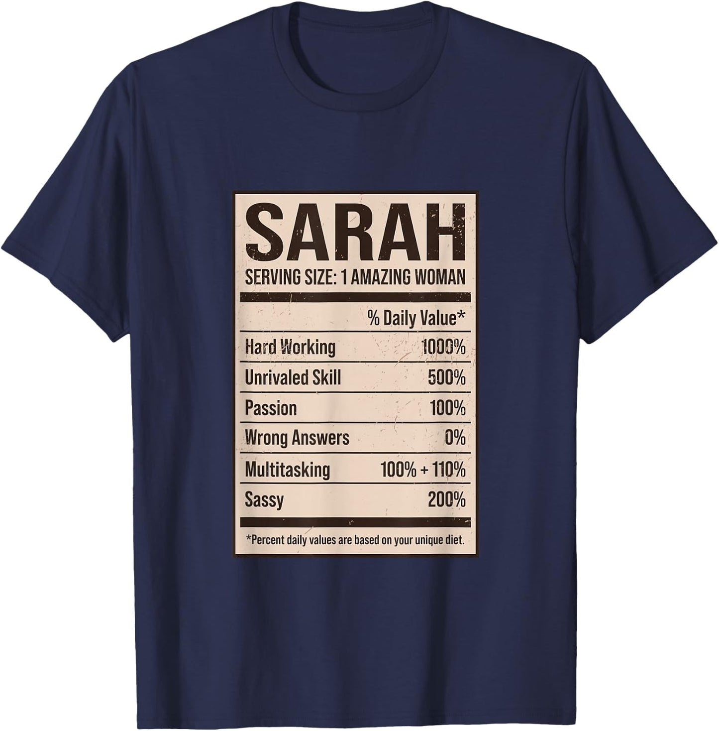 Sarah Nutrition Facts Name Nickname Alias Title Friends T-Shirt - T-Shirt | Navy