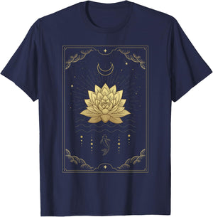 Lotus Flowers Blooming on Water Moon Tarot Card T-Shirt - T-Shirt | Navy