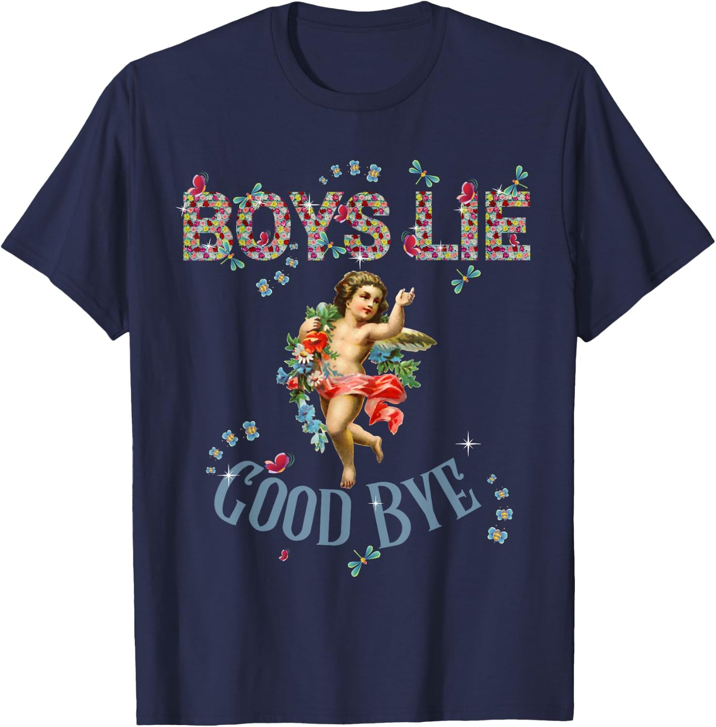 Vintage - Fashion - Girls - Women Boys Lie - Black - Small - Short Sleeve - Classic Fit - Floral Pattern - Vintage Design T-Shirt - T-Shirt | Navy