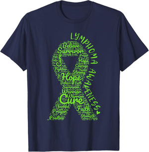 Lymphoma Awareness Lime Green Ribbon With Positive Words T-Shirt - T-Shirt | Navy