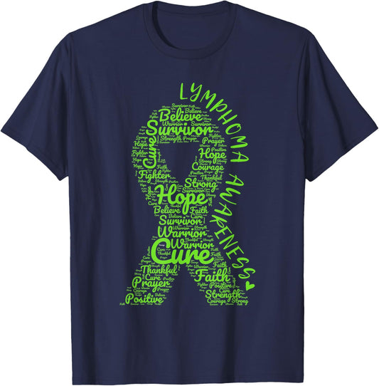 Lymphoma Awareness Lime Green Ribbon With Positive Words T-Shirt - T-Shirt | Navy