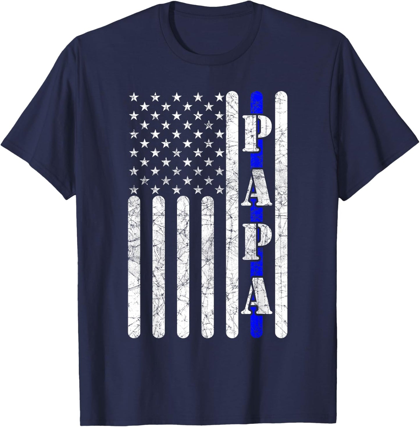 Thin Blue Line Papa Vintage Police American Flag Fathers Day T-Shirt - T-Shirt | Navy