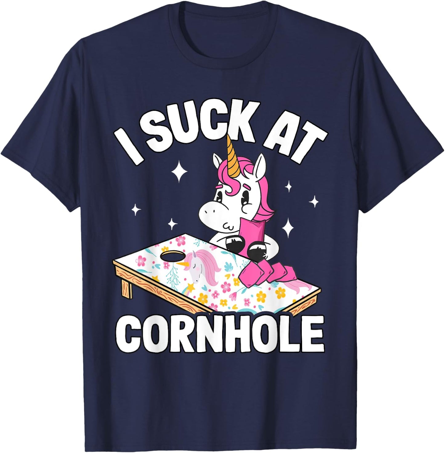 I Suck At Cornhole Loser Funny Sarcastic Joke Pink Unicorn T-Shirt - T-Shirt | Navy
