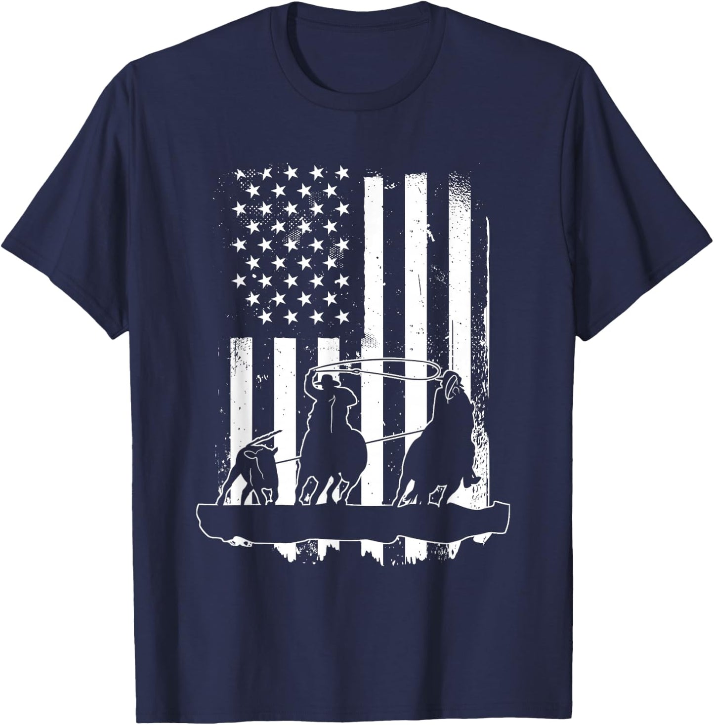 USA Flag Team Roping Design Rodeo Western Horse Country T-Shirt - T-Shirt | Navy