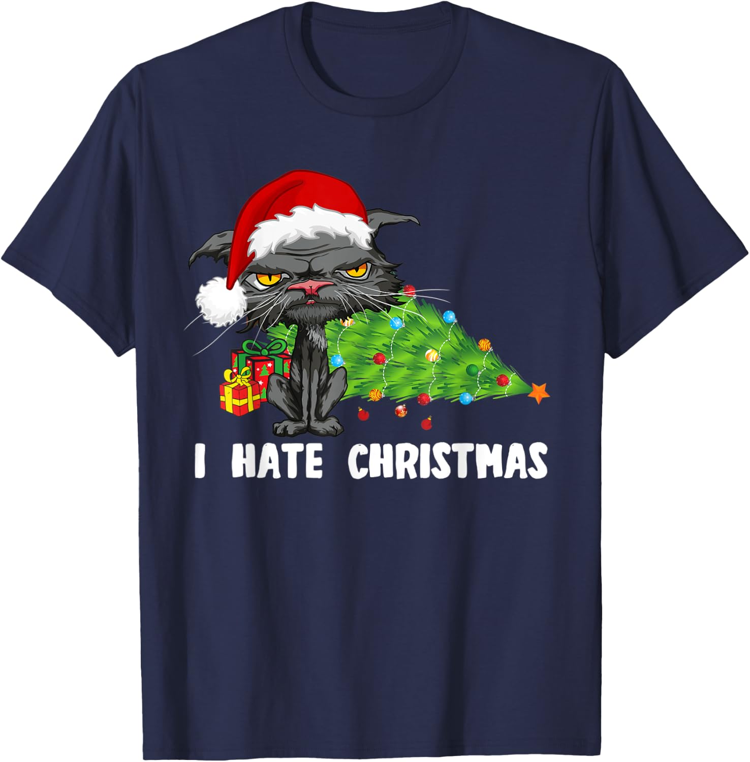 Anti Christmas I Hate Christmas Tree Bored Cat Santa Hat Women Kids T-Shirt - T-Shirt | Navy