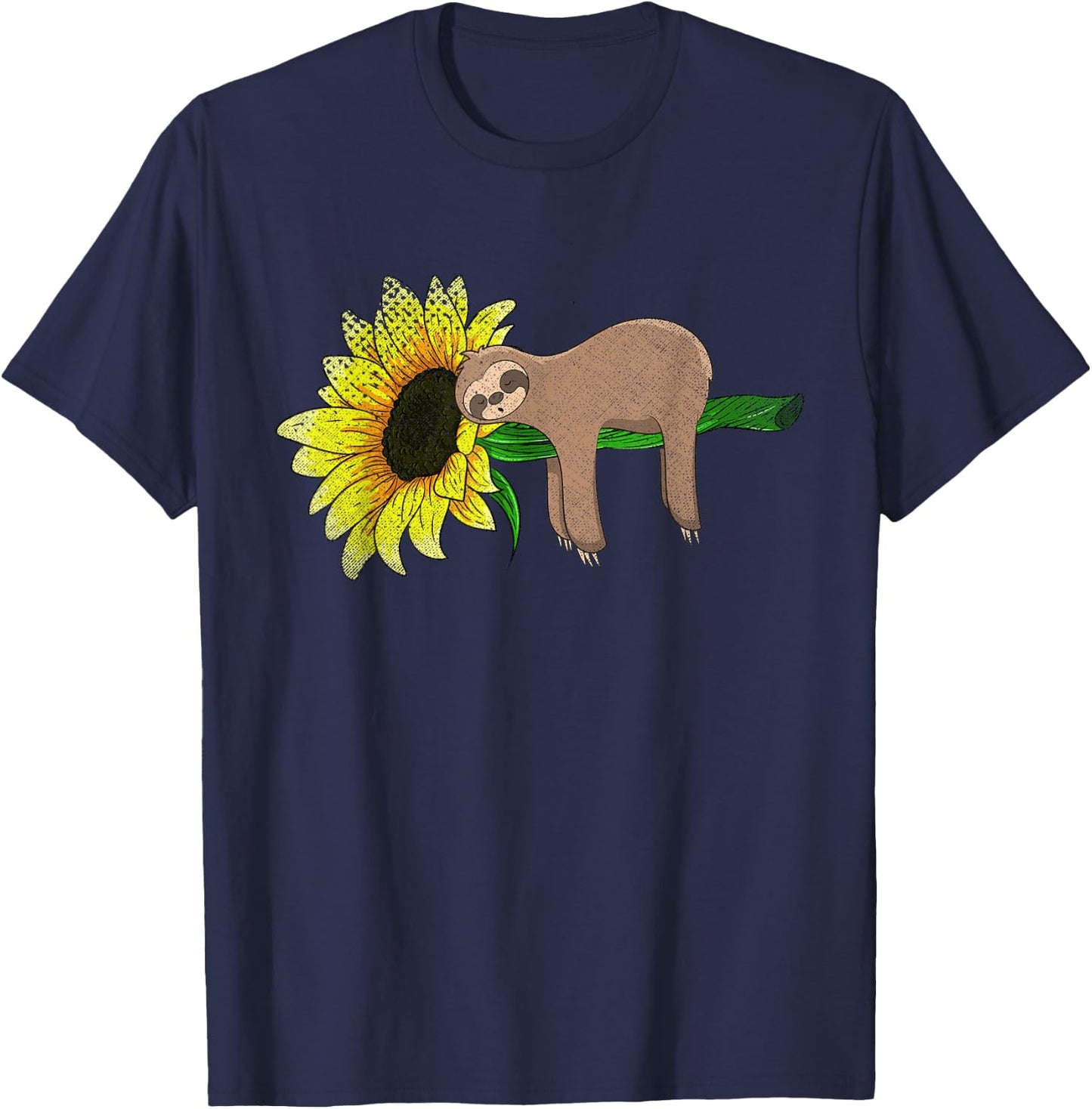 Yellow Flower Sunflower Sleepy Animal Lover Wildlife Sloth T-Shirt - T-Shirt | Navy