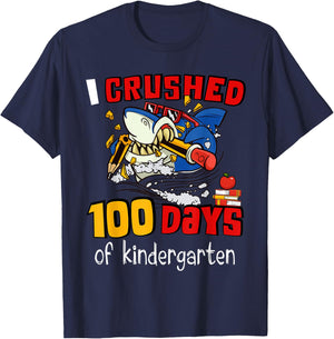 I Crushed 100 Days Of Kindergarten Shark Happy 100th Day T-Shirt - T-Shirt | Navy