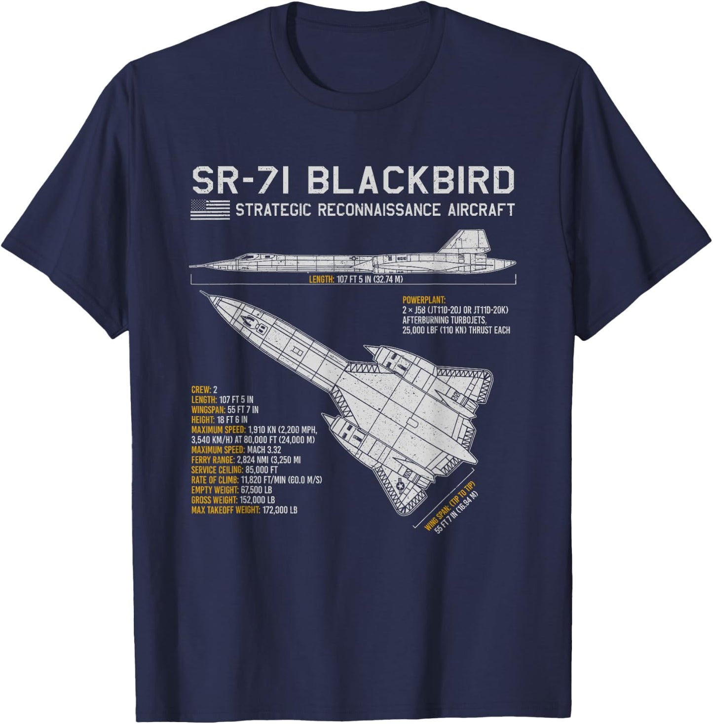 SR-71 Blackbird Aircraft Spy Plane Blueprint Data T-Shirt - T-Shirt | Navy