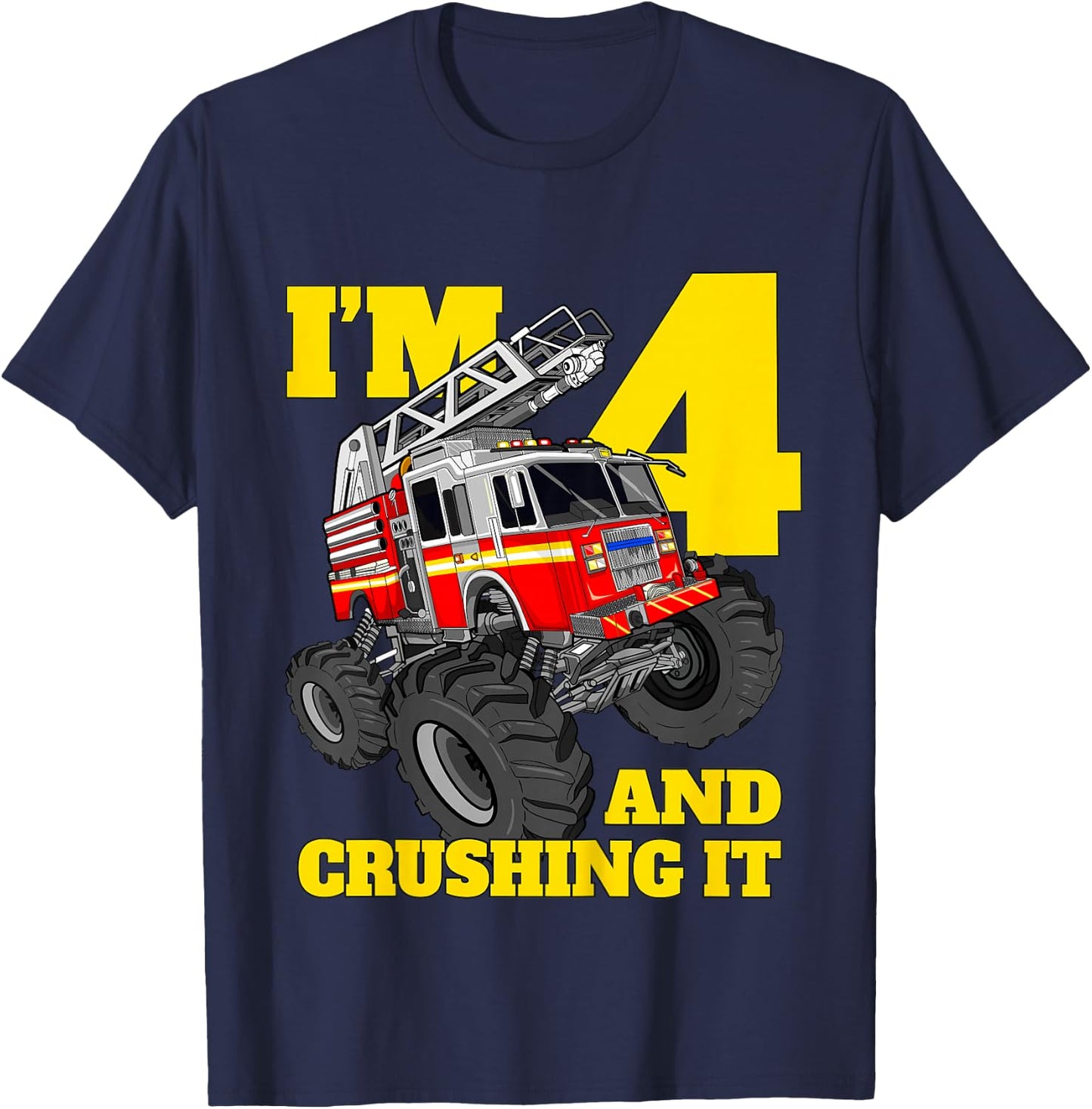 Kids Monster Fire Truck 4th Birthday Boy 4 Four Firefighter T-Shirt - T-Shirt | Navy