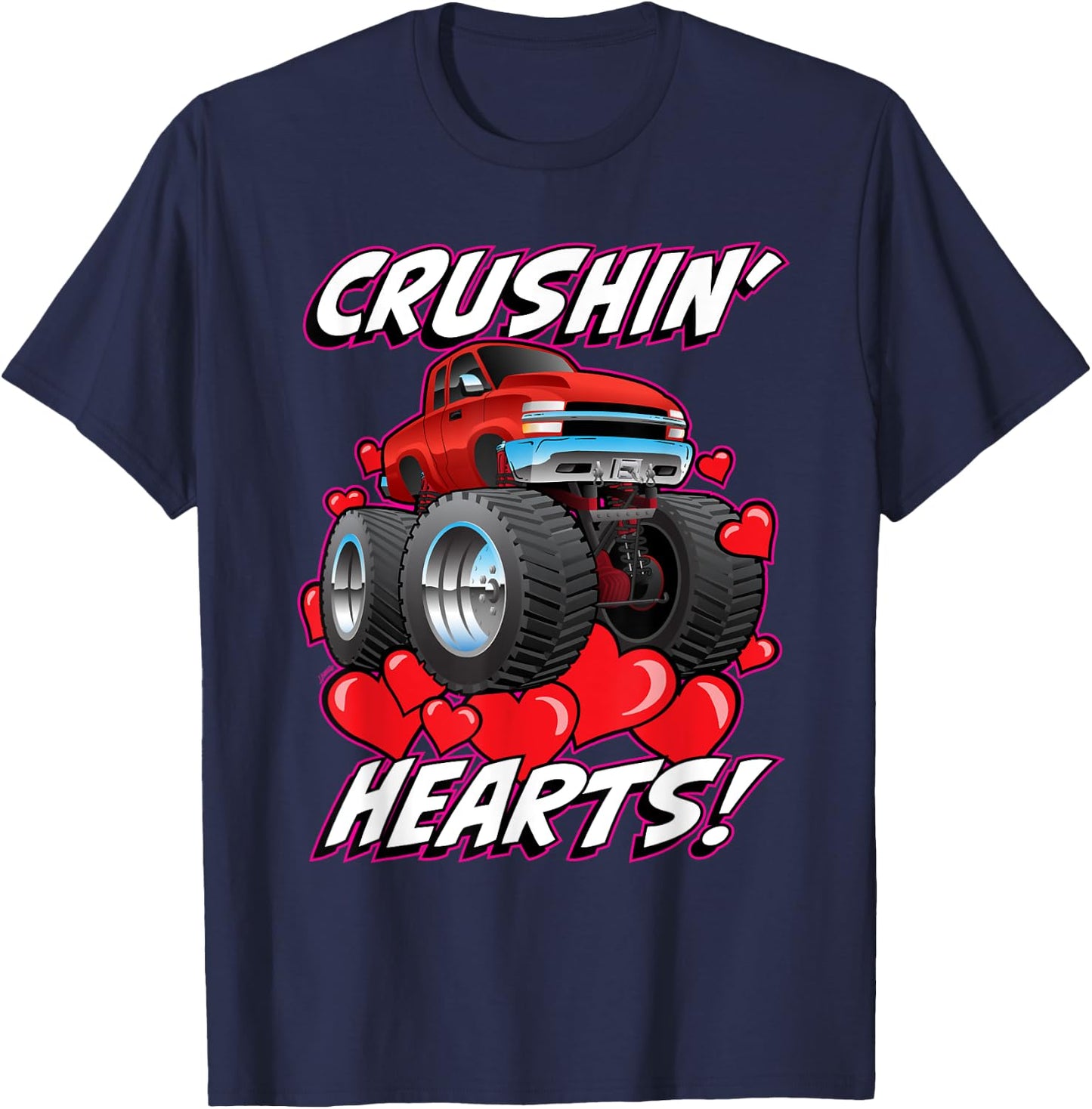 Crushin' Hearts Monster Truck Funny Valentines Day All Ages T-Shirt - T-Shirt | Navy