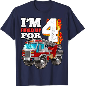 I'm Fired Up for 4 Fireman 4th Birthday Party Firetruck Boys T-Shirt - T-Shirt | Navy