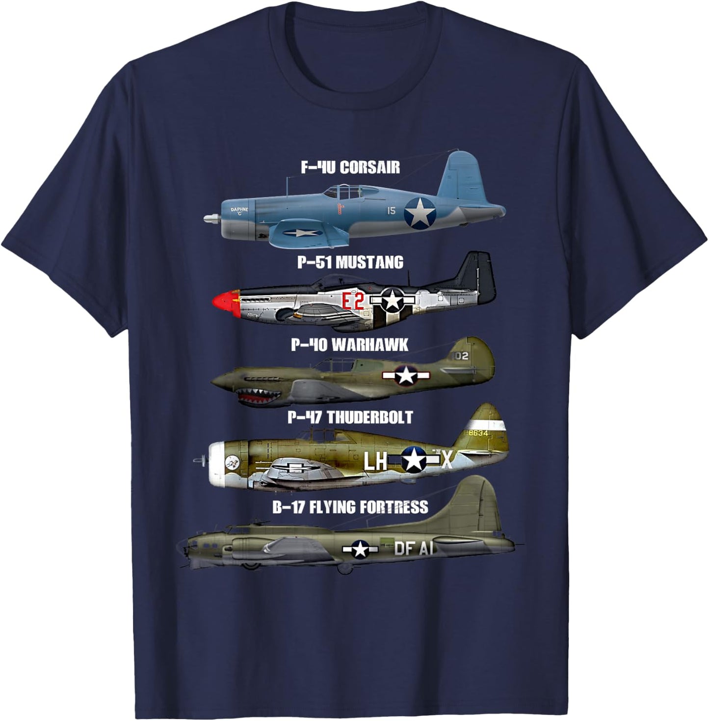 WW2 Warplane B-17 P51 Mustang F4U Corsair P40 Warhawk T-Shirt - T-Shirt | Navy