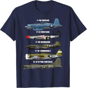 WW2 Warplane B-17 P51 Mustang F4U Corsair P40 Warhawk T-Shirt - T-Shirt | Navy