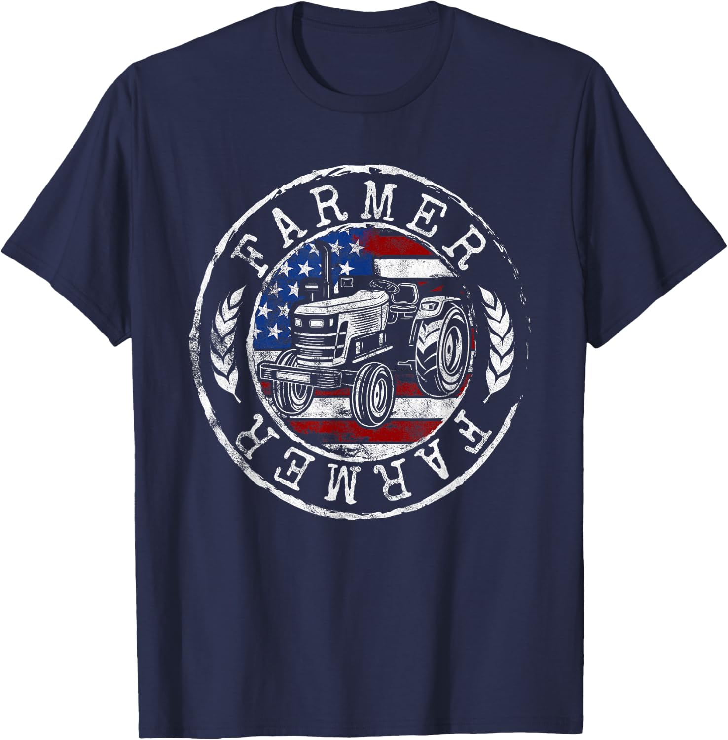 Farmer American Flag Farming Gift Usa Patriotic Stamp Style Women Kids Men T-Shirt - T-Shirt | Navy