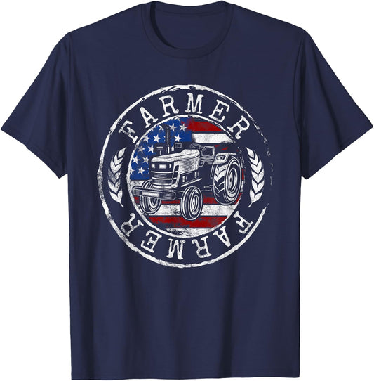 Farmer American Flag Farming Gift Usa Patriotic Stamp Style Women Kids Men T-Shirt - T-Shirt | Navy