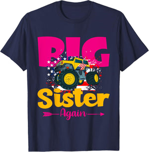Kids Promoted To Big Sister Again Monster Truck Baby Announcement T-Shirt - T-Shirt | Navy