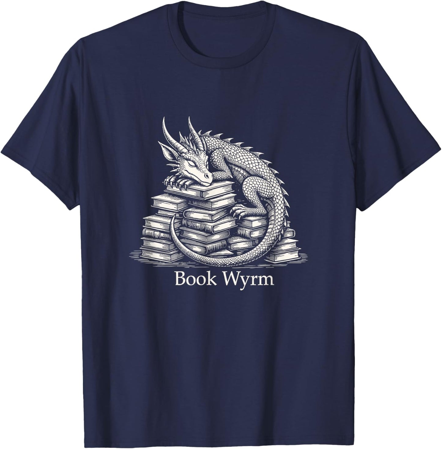 Book Wyrm Fantasy Creature Reading Mythical Art T-Shirt - T-Shirt | Navy