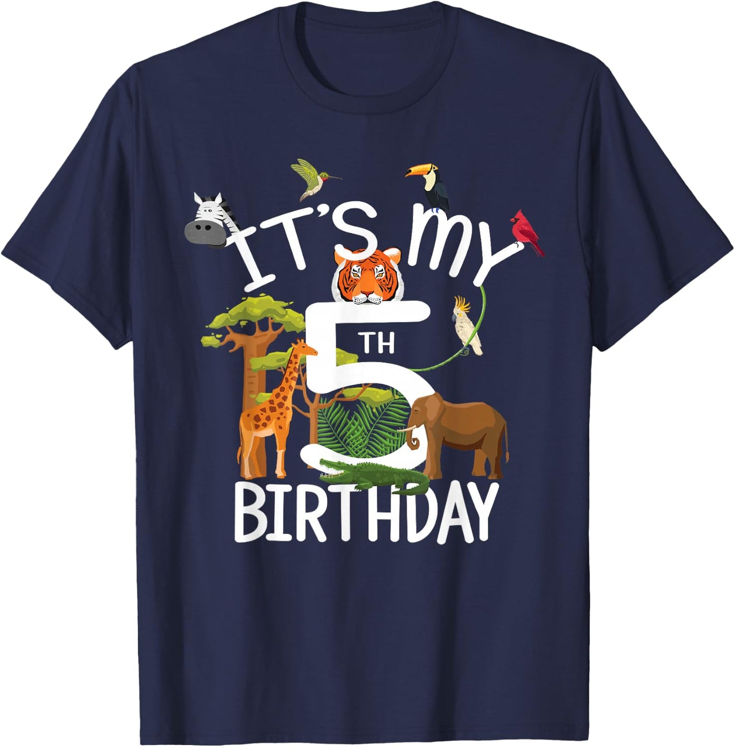 It's My 5th Birthday Boy Zoo Theme 5 Years Old Animal Party T-Shirt - T-Shirt | Navy