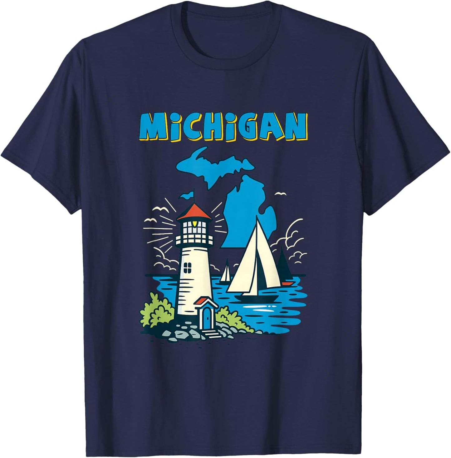 Retro Sailboat and Lighthouse in Michigan Great Lakes T-Shirt - T-Shirt | Navy