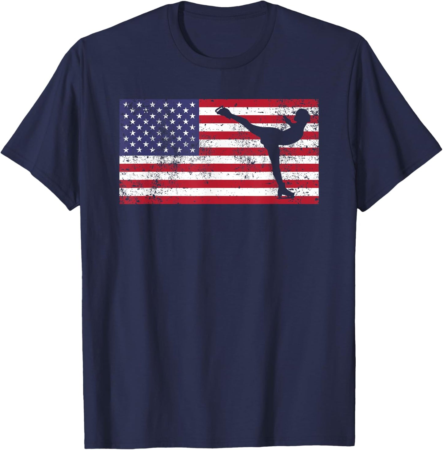 American Flag Ice Skating Figure Skater 4th of July T Shirt T-Shirt - T-Shirt | Navy