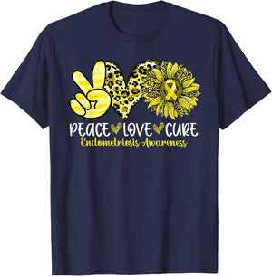 Peace Love Cure Sunflower Leopard Endometriosis Awareness T-Shirt - T-Shirt | Navy