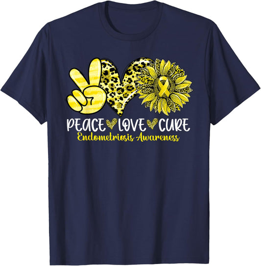 Peace Love Cure Sunflower Leopard Endometriosis Awareness T-Shirt - T-Shirt | Navy
