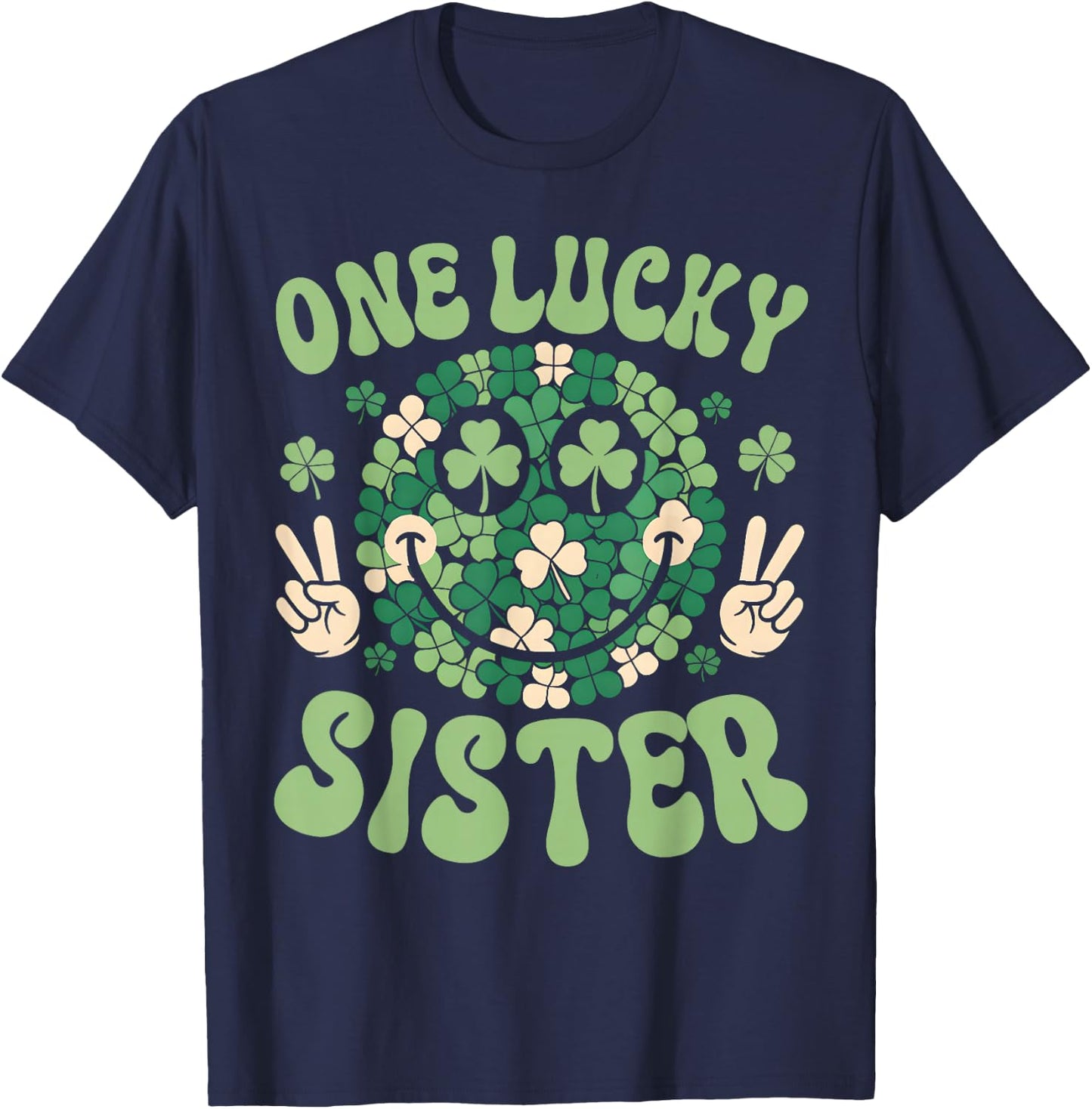 Patricks Day Family Matching Groovy Retro One Lucky Auntie T-Shirt - T-Shirt | Navy