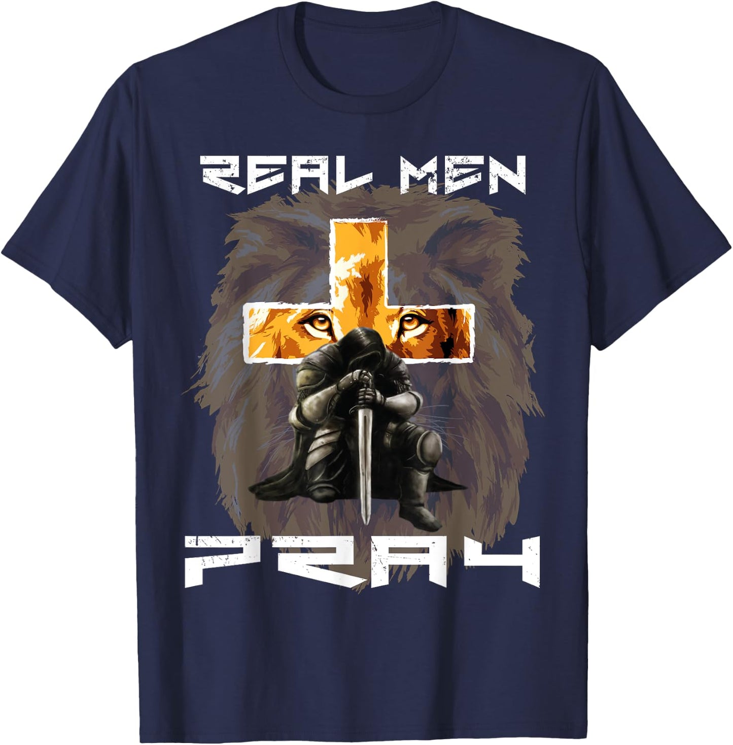 Real Men Pray Lion Judah Christian Religious Cross Graphic T-Shirt - T-Shirt | Navy