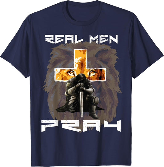 Real Men Pray Lion Judah Christian Religious Cross Graphic T-Shirt - T-Shirt | Navy