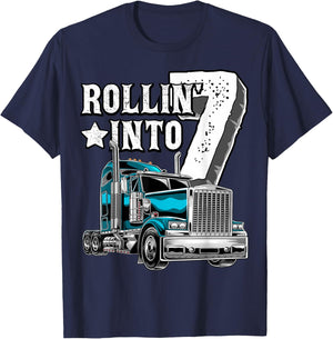 Rollin into 7 Big Rig Semi-Trailer Truck 7th Birthday Gift T-Shirt - T-Shirt | Navy