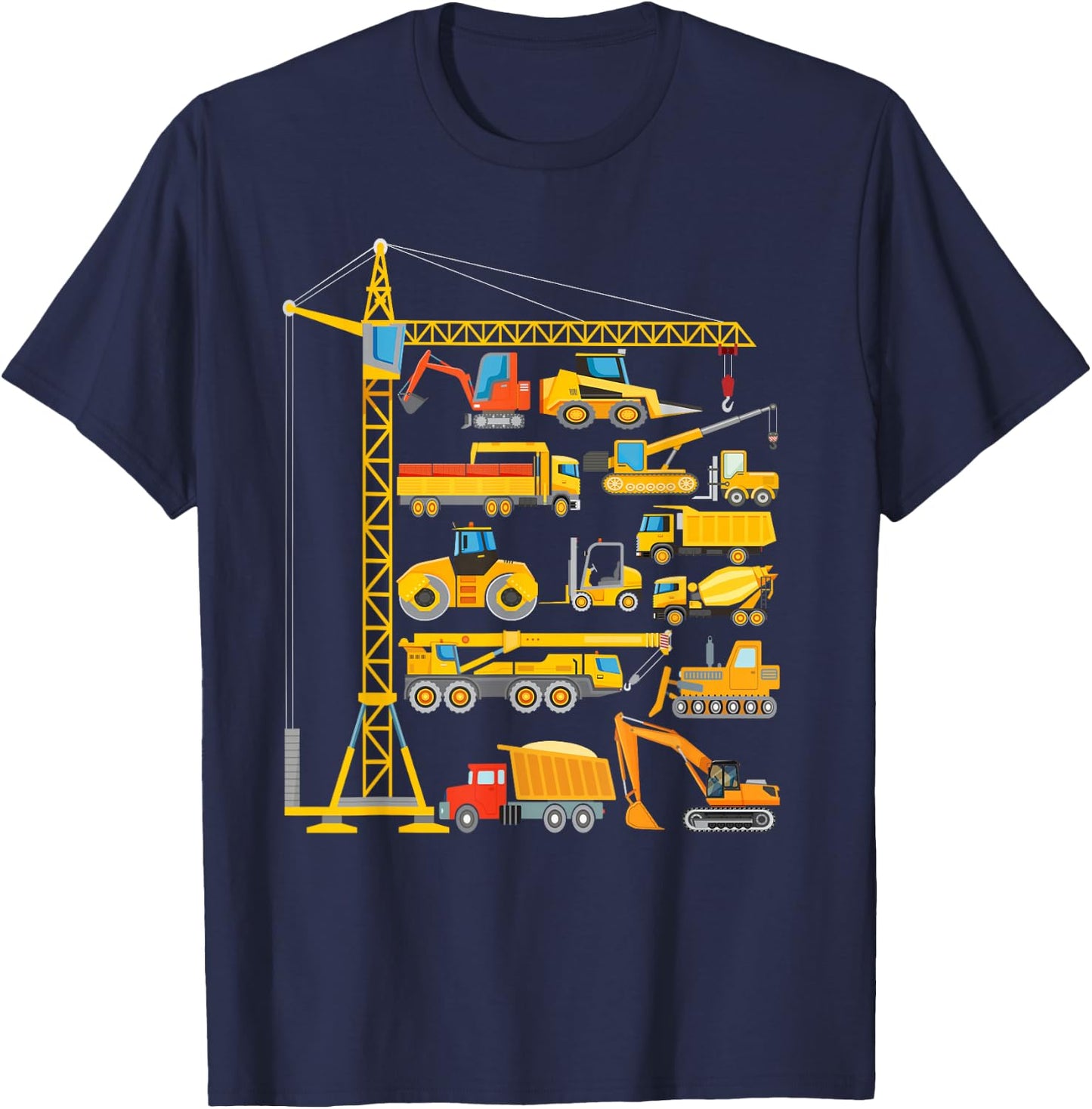 Types of Construction Excavator Bulldozer Truck Crane T-Shirt - T-Shirt | Navy