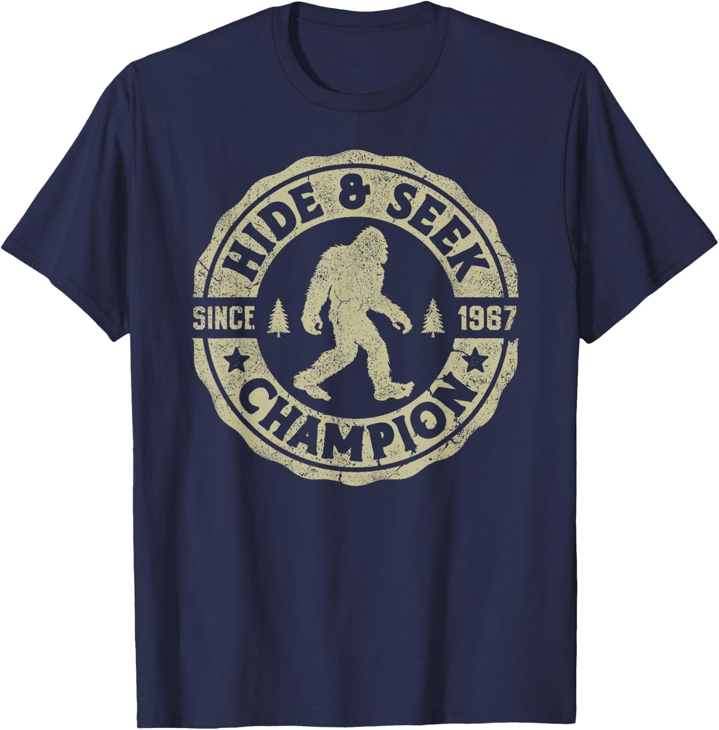 Bigfoot Hide And Seek Champion Funny Sasquatch Retro Vintage T-Shirt - T-Shirt | Navy