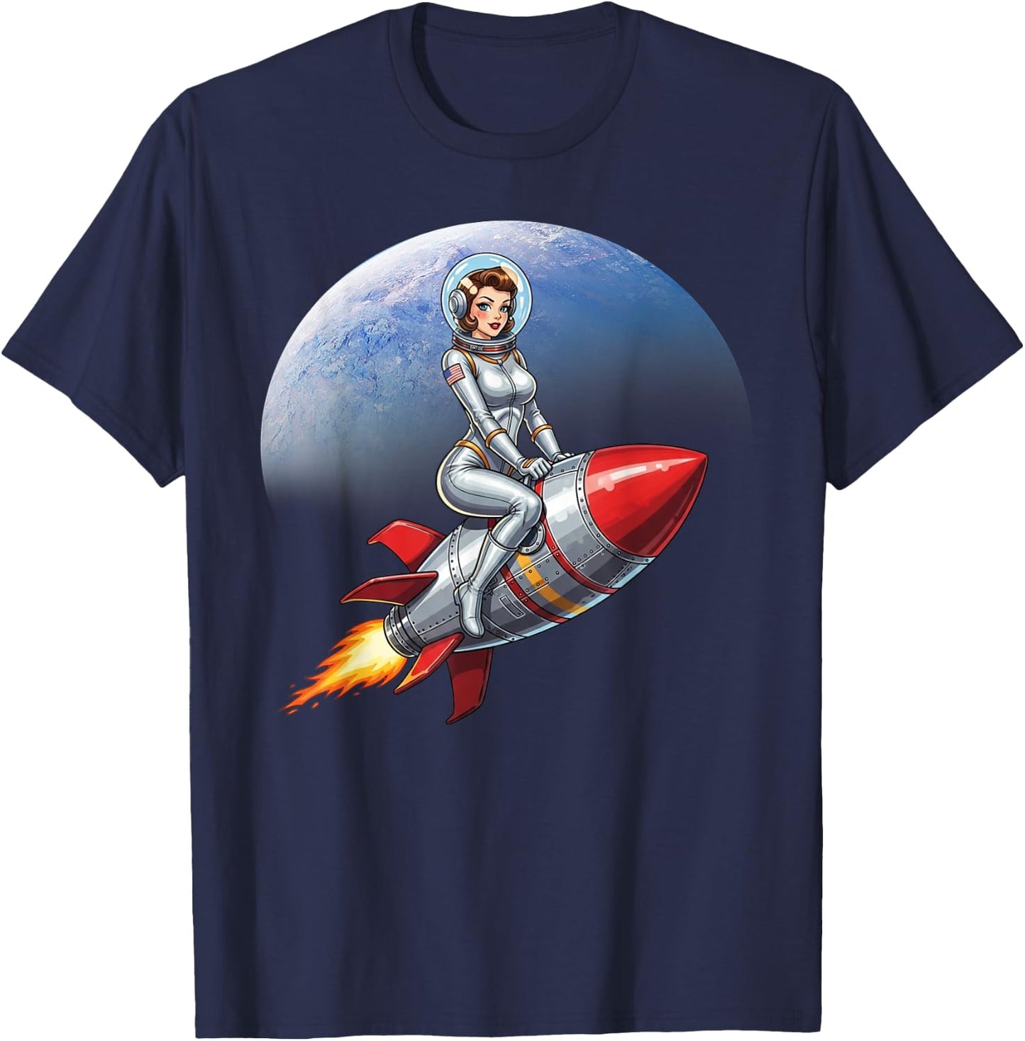 Retro Pinup Girl Astronaut Riding A Rocket in Space T-Shirt - T-Shirt | Navy