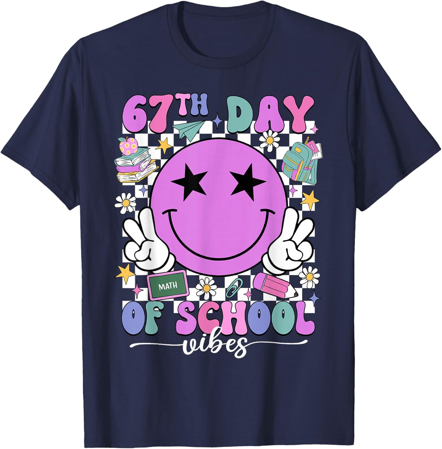 Happy 67th Day of School Vibes Smile Face 67 Days of School T-Shirt - T-Shirt | Navy