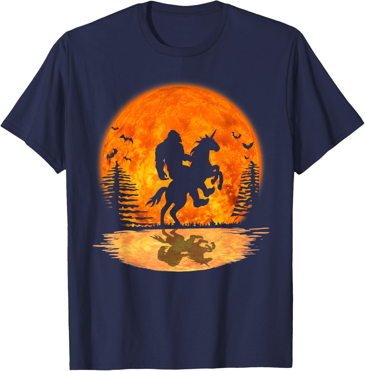 Bigfoot Sasquatch Riding Unicorn In The Moonlight Halloween T-Shirt - T-Shirt | Navy