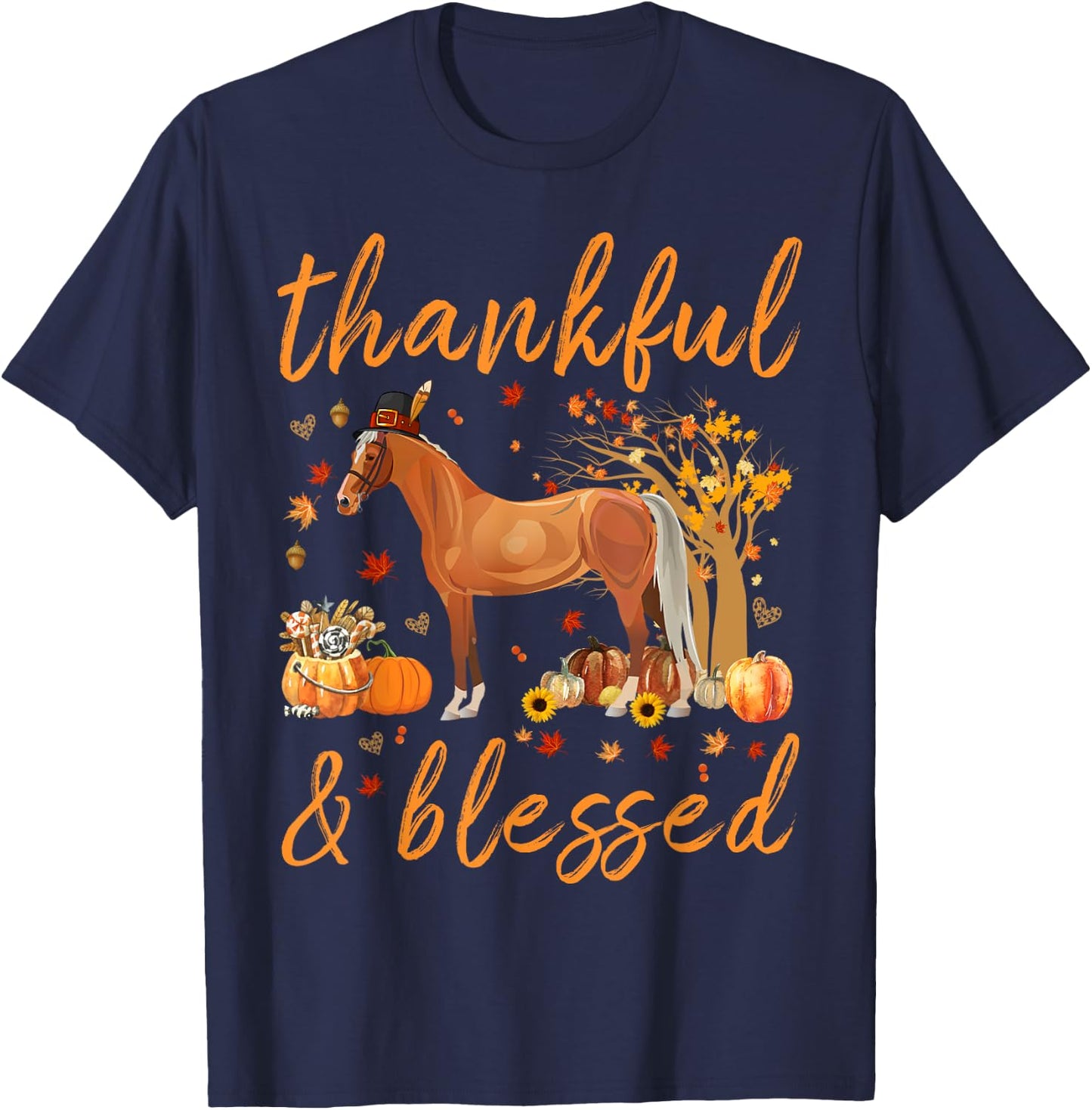 Thankful Grateful Blessed Horse Thanskgiving Matching T-Shirt - T-Shirt | Navy