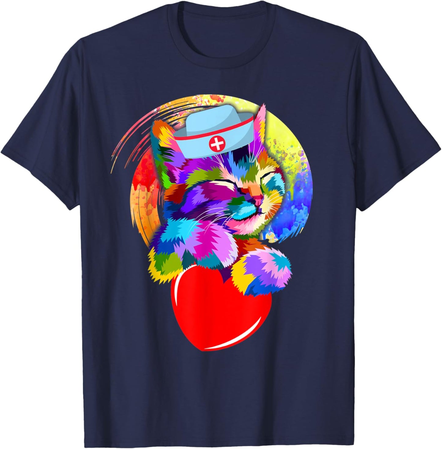 Funny Nurse Cat Cute Heart Kitten Lovers Healthcare Workers Men Women T-Shirt - T-Shirt | Navy