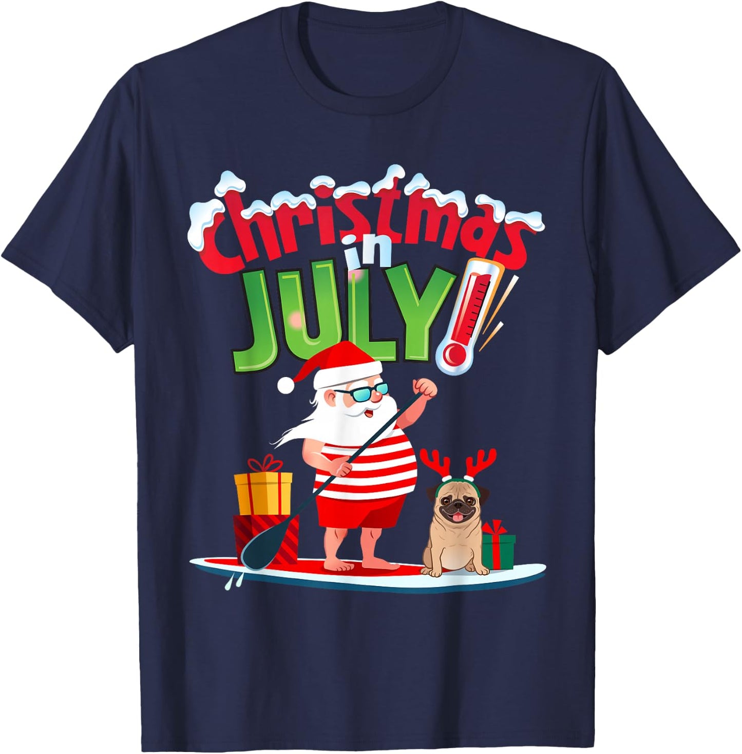 Funny Christmas in July Shirt Summer Beach Vacation Pool Pug T-Shirt - T-Shirt | Navy