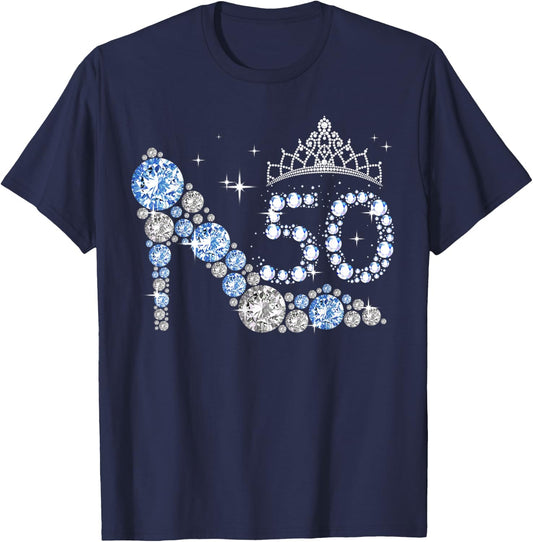mb 50th Birthday Diamond High Heels Crown Sparkling Women T-Shirt - T-Shirt | Navy