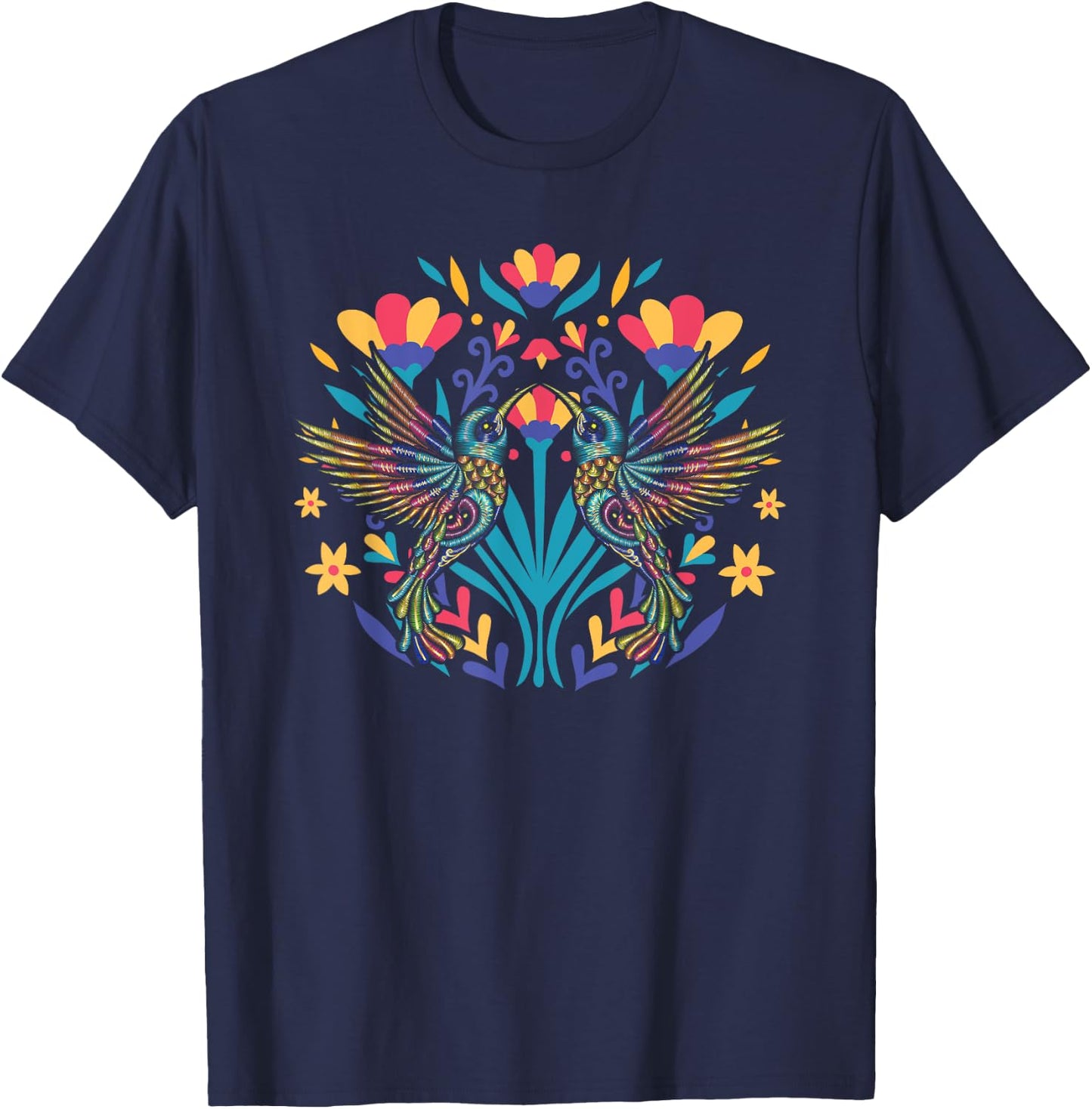 Floral Bird Otomi Mexican Embroidery Style Mexicano Mexicana T-Shirt - T-Shirt | Navy
