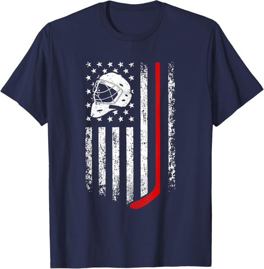 Hockey American Flag Cool Ice Hockey Player Men Women Boys T-Shirt - T-Shirt | Navy
