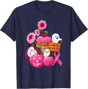 In October We Wear Pink Ghosts & Pumpkins For Breast Cancer T-Shirt - T-Shirt | Navy