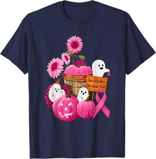 In October We Wear Pink Ghosts & Pumpkins For Breast Cancer T-Shirt - T-Shirt | Navy