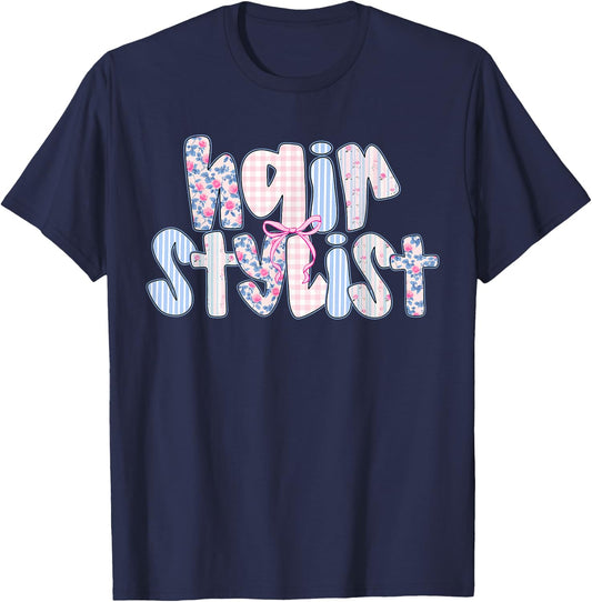 Coquette Floral Checkered Hairstylist Cosmetologist Barber T-Shirt - T-Shirt | Navy